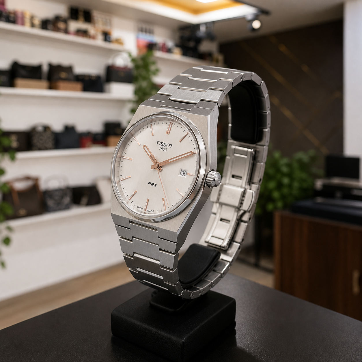 Tissot PRX silver watch slim case and integrated stainless-steel bracelet detail