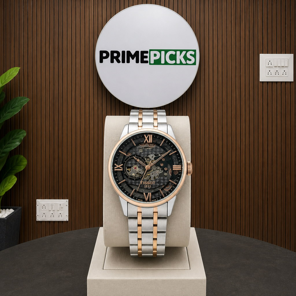Tissot skeleton automatic two-tone watch with Primepicks logo board