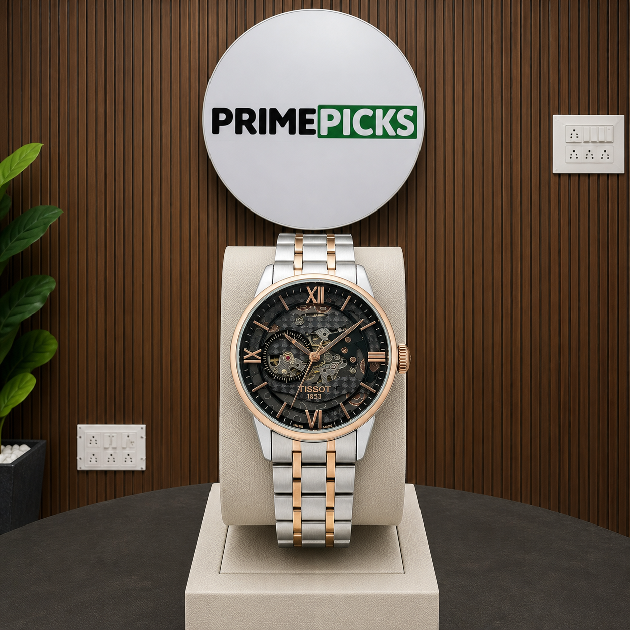 Tissot skeleton automatic two-tone watch with Primepicks logo board