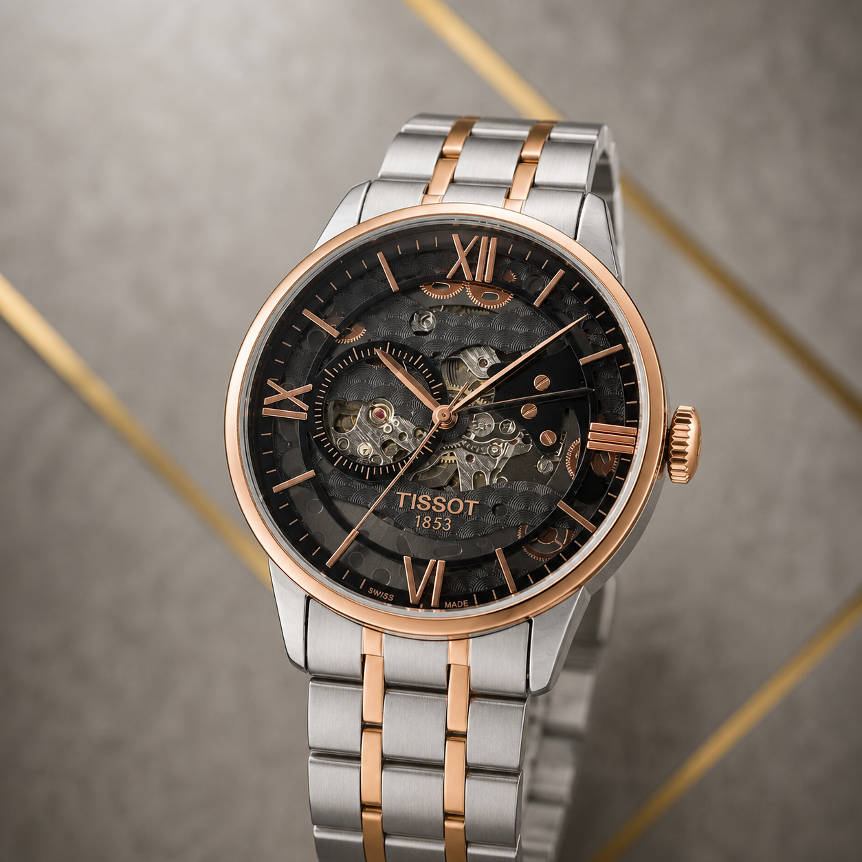 Tissot skeleton automatic watch black open-work dial close-up