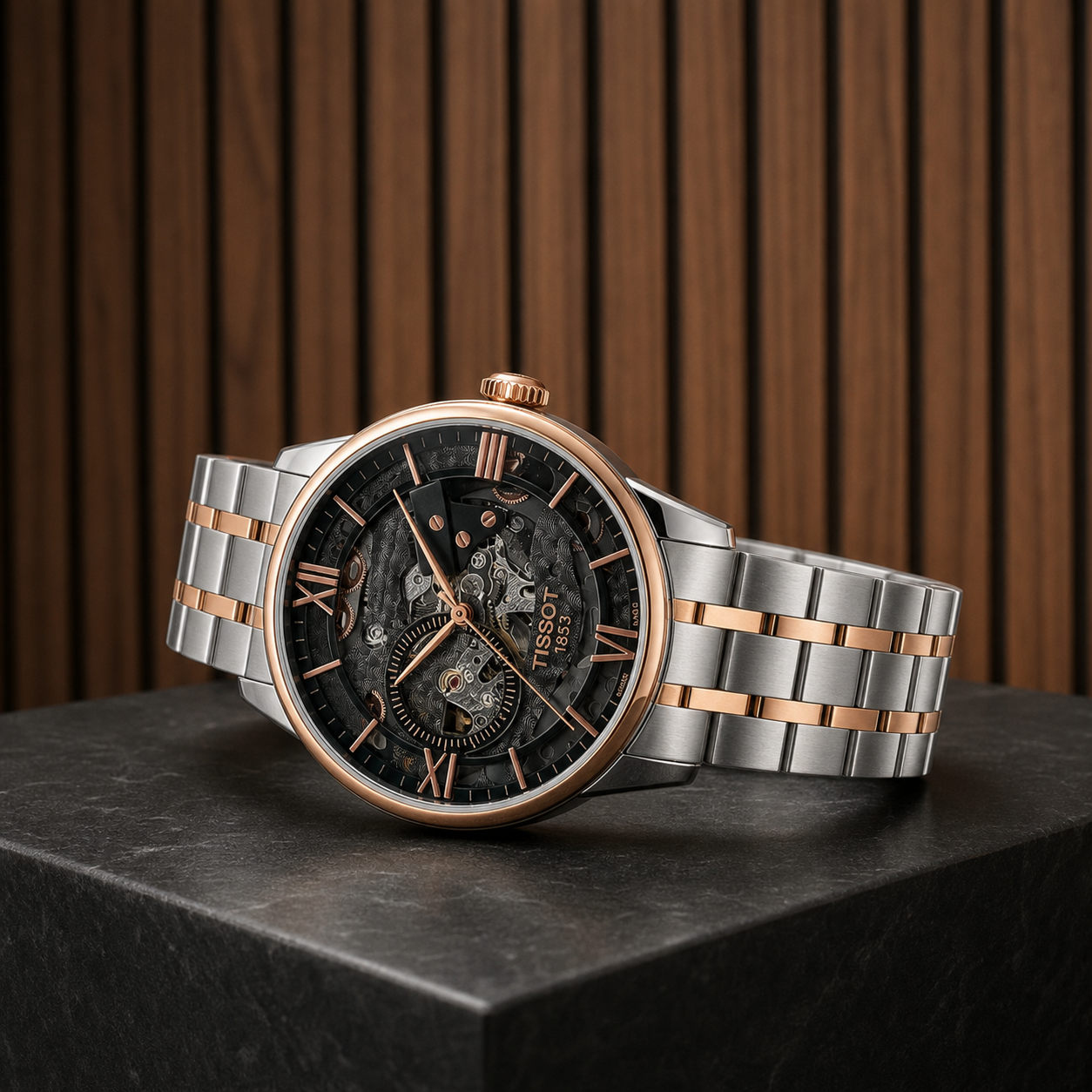 Tissot skeleton automatic two-tone watch angled wood-wall view