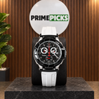 Tissot T-Race white strap watch with visible TISSOT side piece displayed in the PrimePicks office