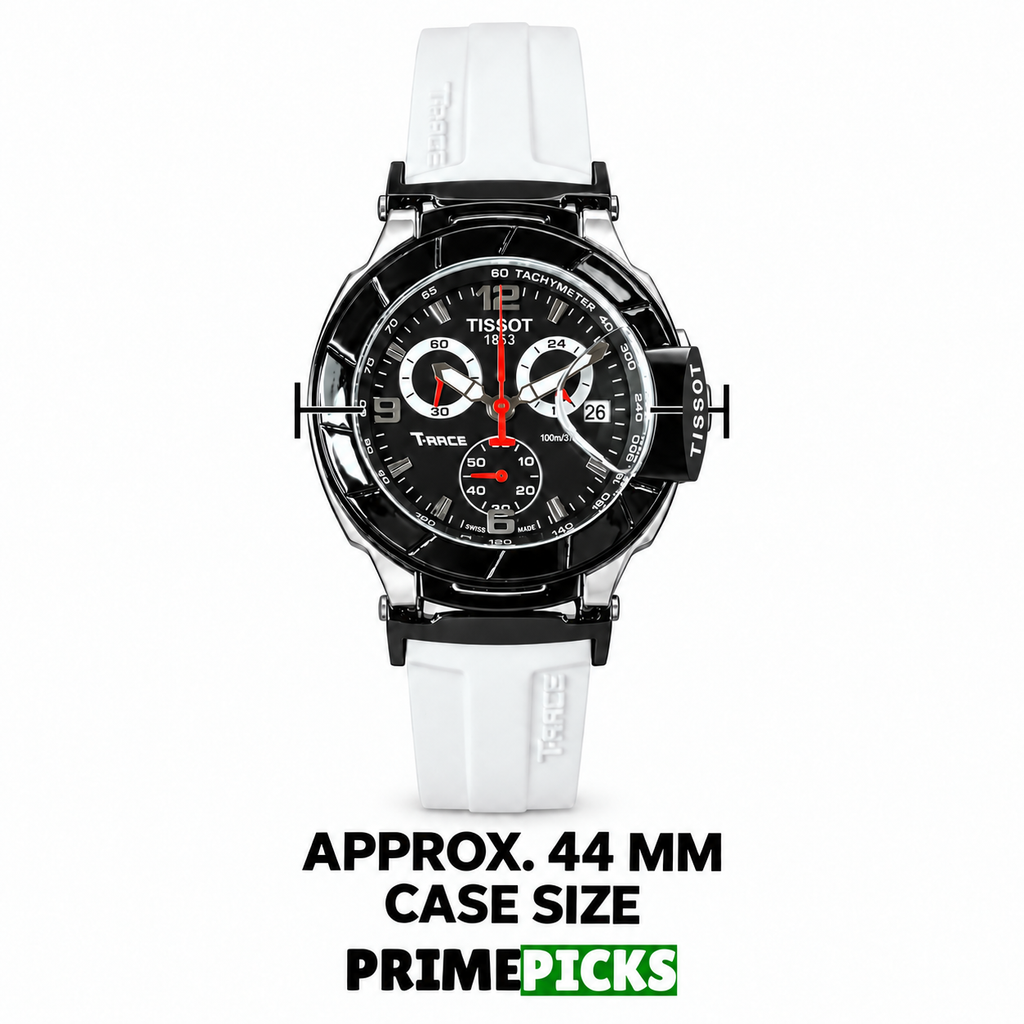 Tissot T-Race watch with visible TISSOT side piece and approximate 44 mm case-size guide