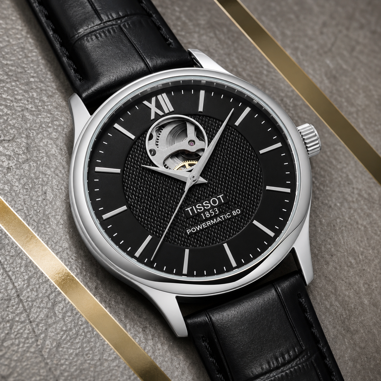 Tissot Tradition Powermatic 80 textured black open-heart dial detail
