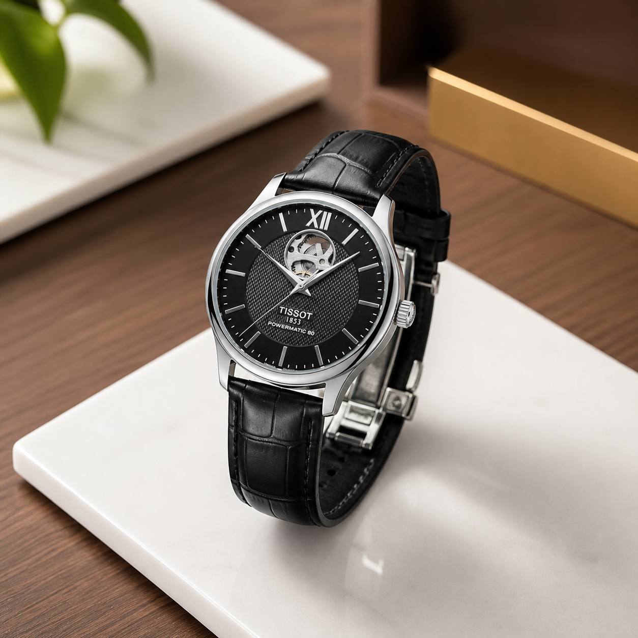 Tissot Tradition Powermatic 80 black-dial watch premium flat lay