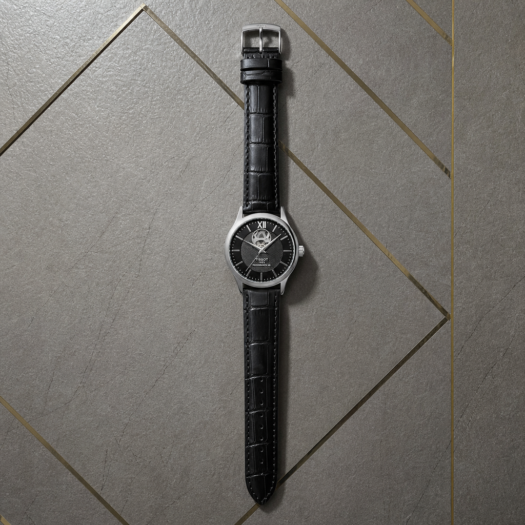 Tissot Tradition Powermatic 80 black-dial full watch on gold-inlay office wall