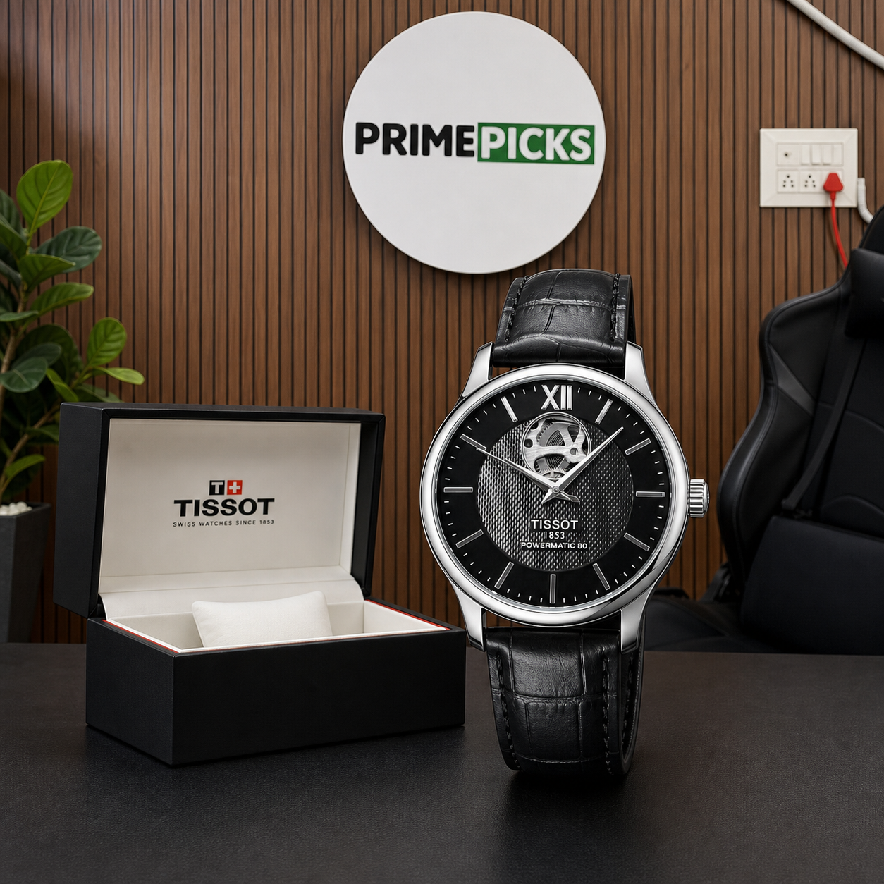 Tissot Tradition Powermatic 80 black-dial watch with Primepicks logo board