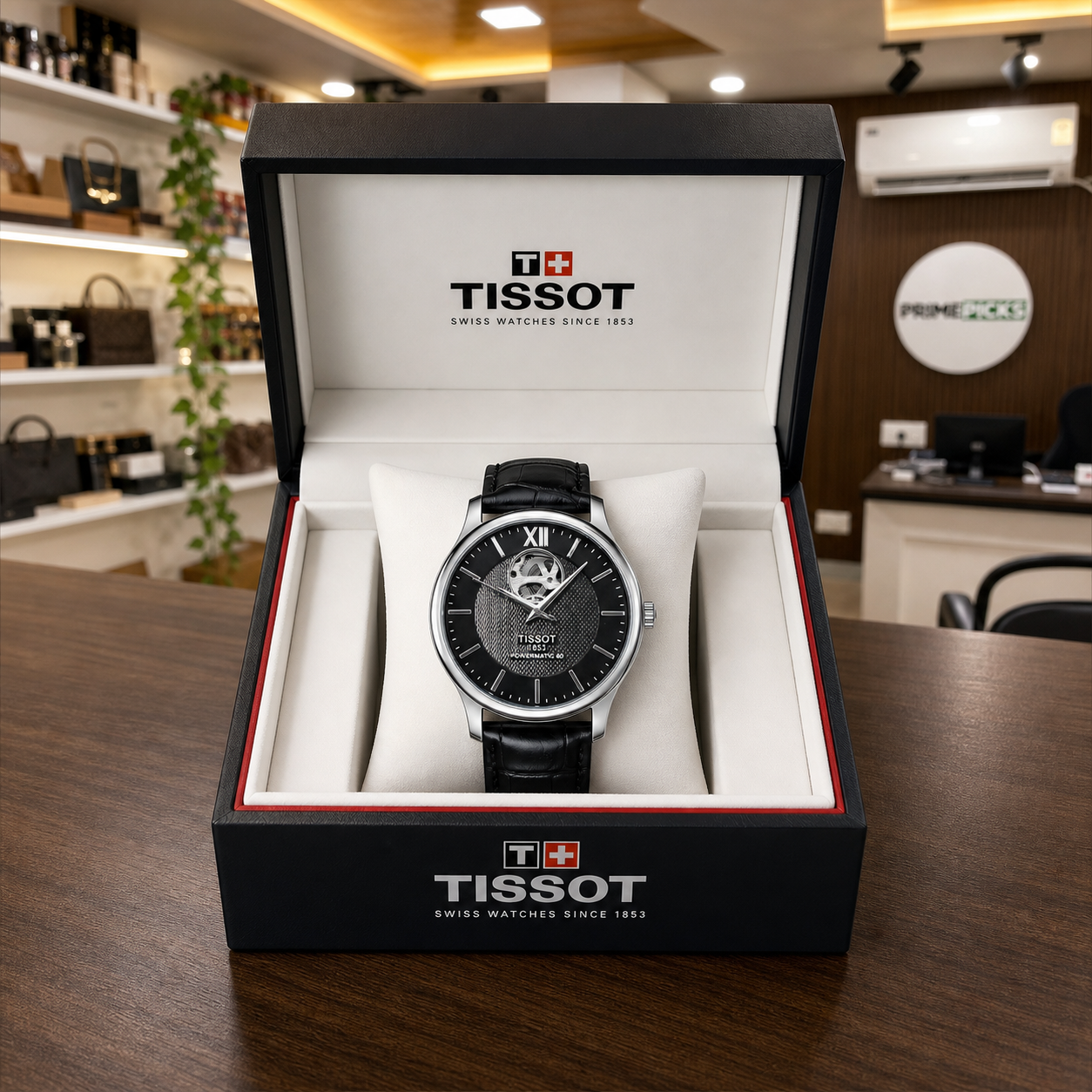 Tissot Tradition Powermatic 80 black-dial watch in presentation box at Primepicks