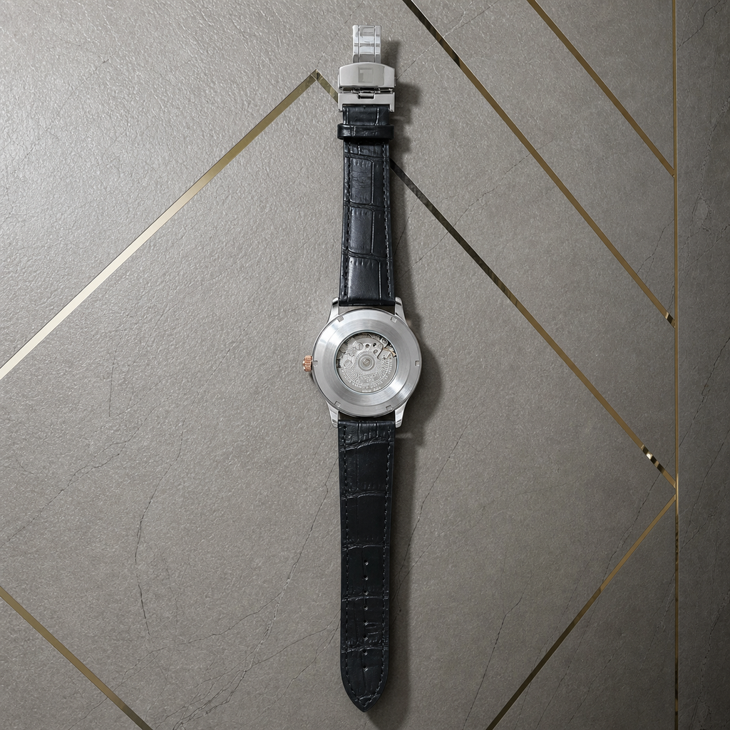 Tissot Tradition Powermatic 80 exhibition caseback and black leather strap