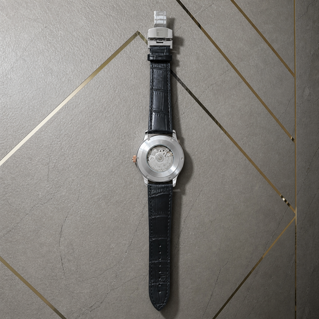 Tissot Tradition Powermatic 80 exhibition caseback and black leather strap