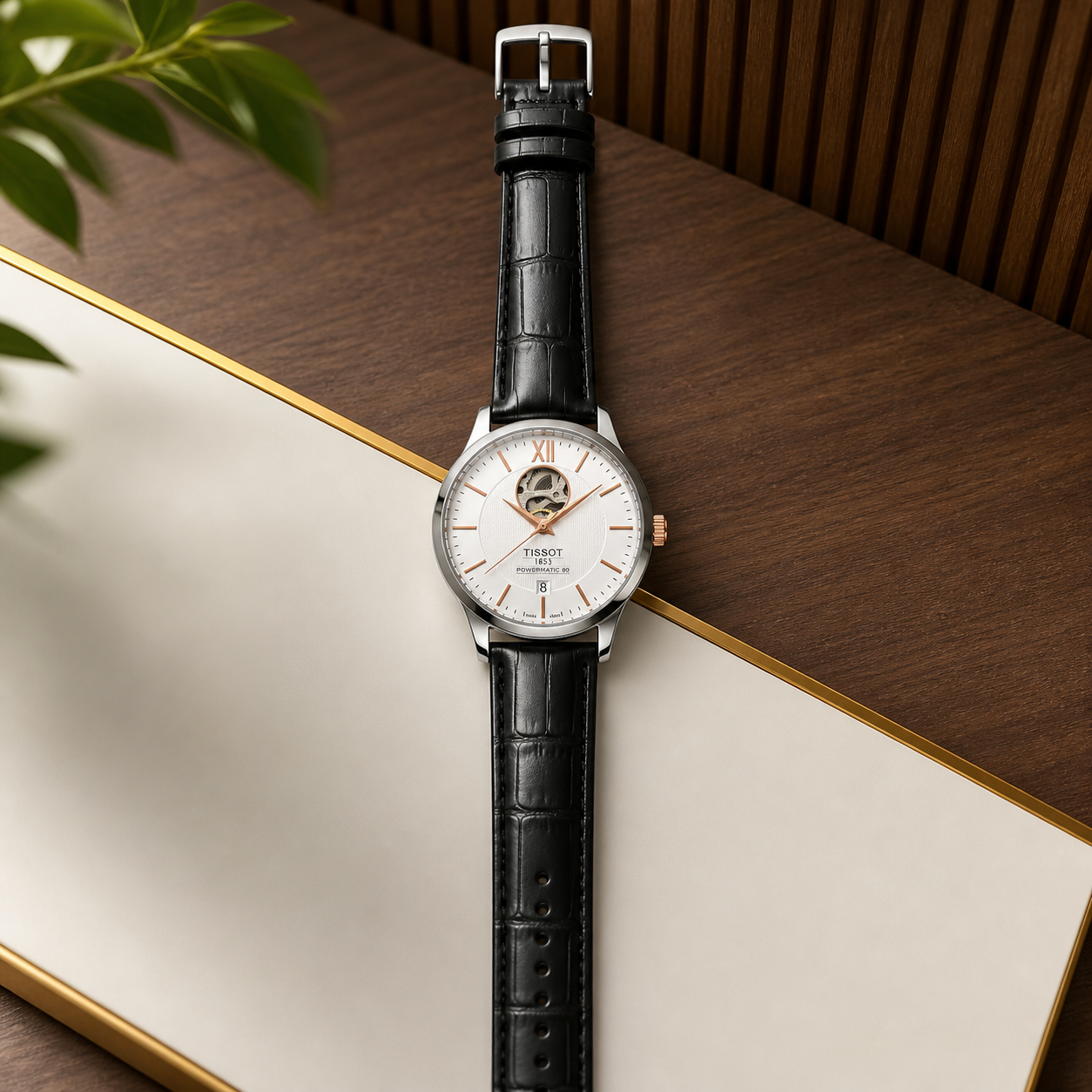 Tissot Tradition Powermatic 80 white dial open-heart watch flat lay