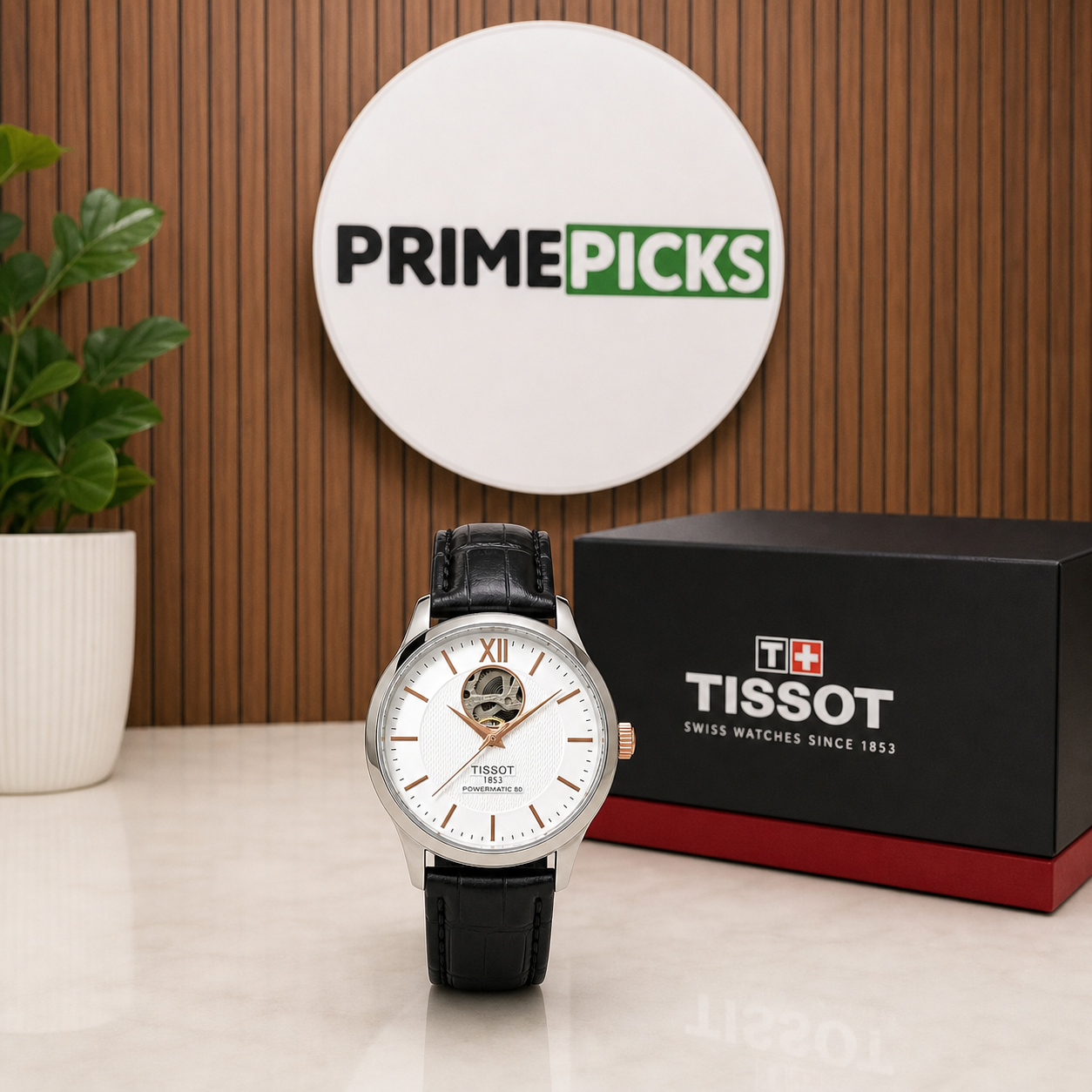 Tissot Tradition Powermatic 80 open-heart watch with Primepicks logo board