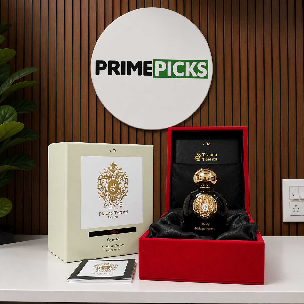 Tiziana Terenzi Comete black and gold perfume gift set at Primepicks logo wall