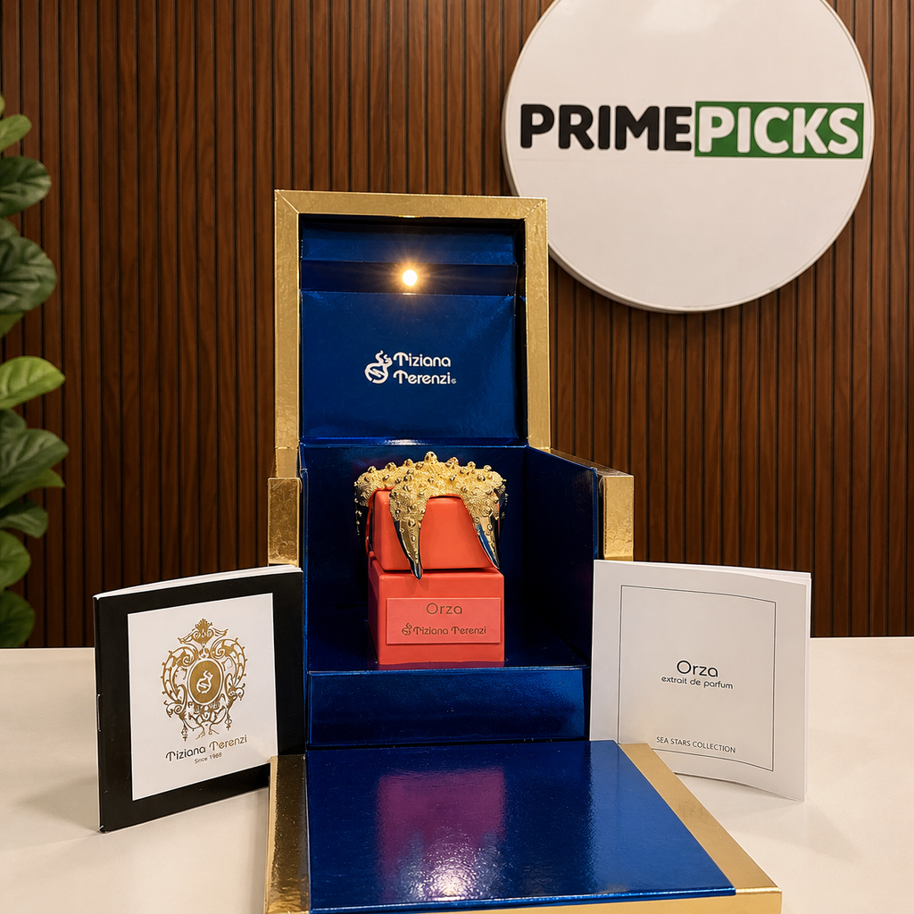 Tiziana Terenzi Orza Extrait de Parfum in the PrimePicks office with the PrimePicks sign