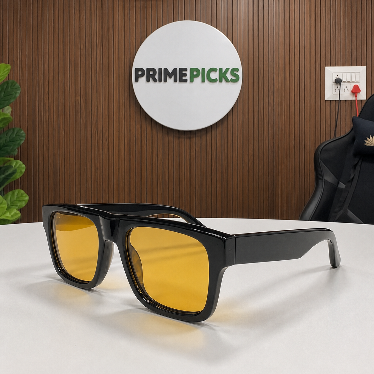 Tom Ford black square sunglasses with amber fiber lenses in PrimePicks office