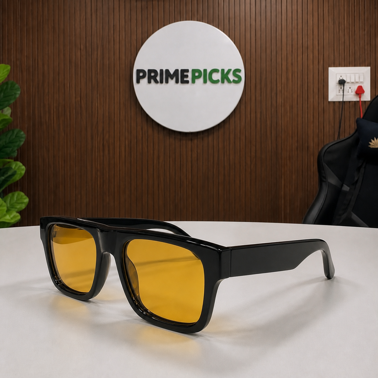 Black square amber-lens sunglasses staged in the PrimePicks office