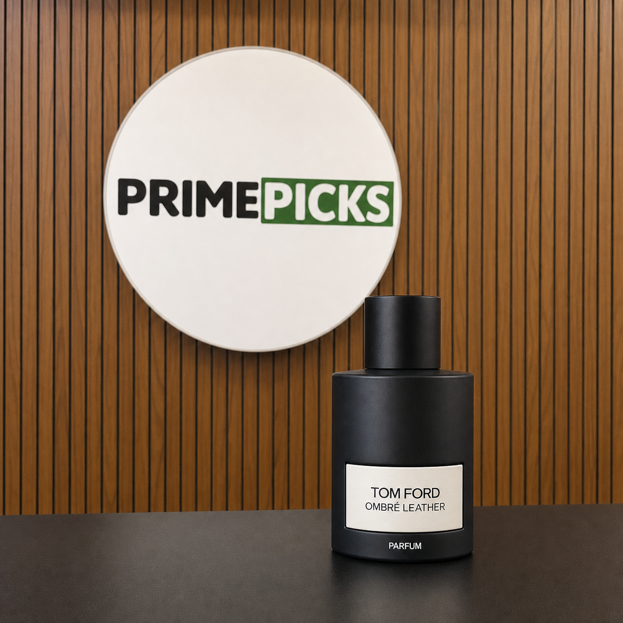 Tom Ford Ombré Leather Parfum bottle at the PrimePicks office