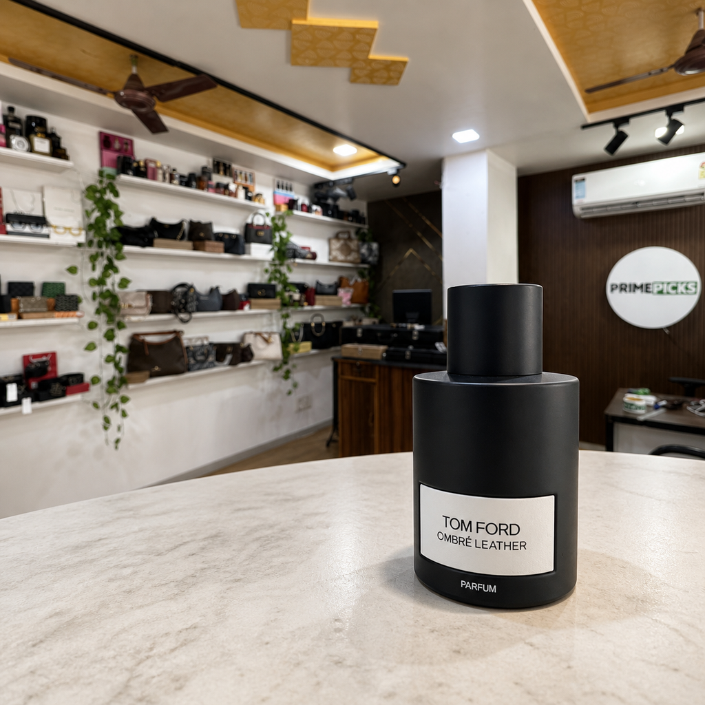Tom Ford Ombré Leather Parfum bottle inside the PrimePicks store