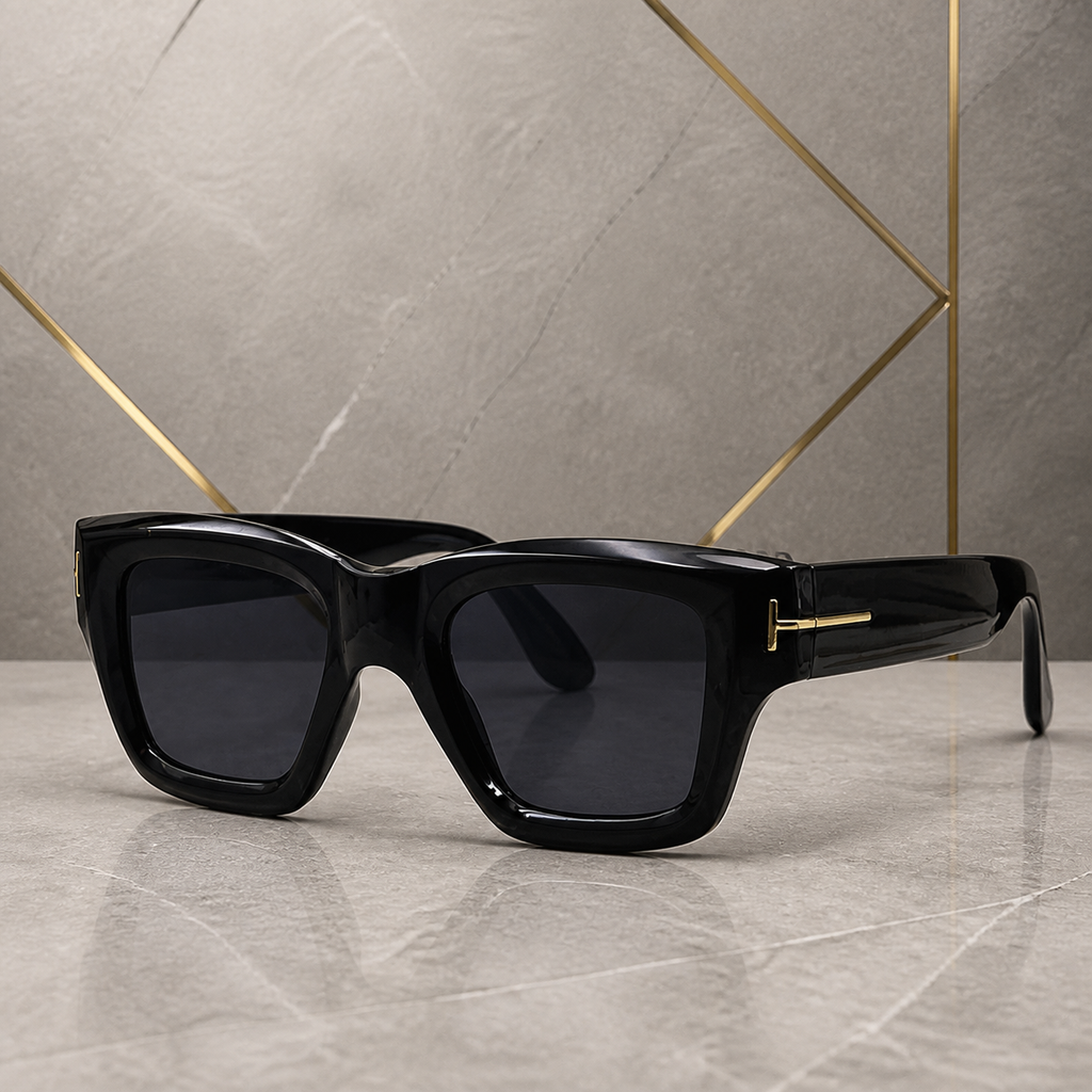 Tom Ford unisex angular square eyewear in Glossy Black / Smoke Lens, hero three-quarter view
