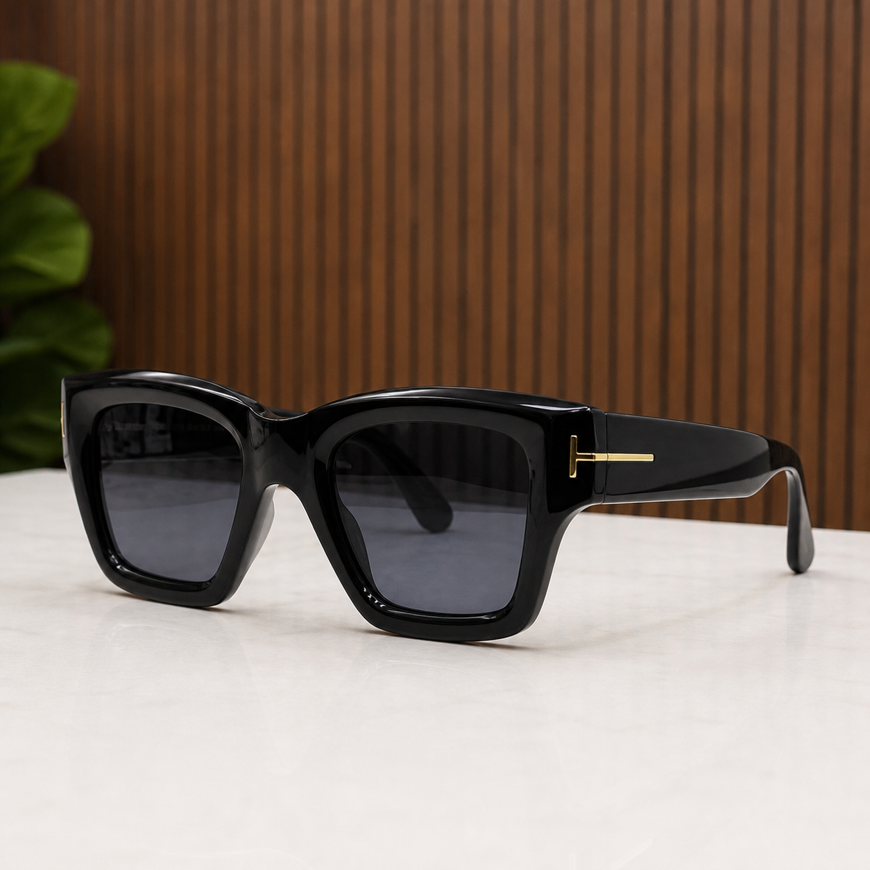 Tom Ford unisex angular square eyewear in Glossy Black / Smoke Lens, alternate angle view
