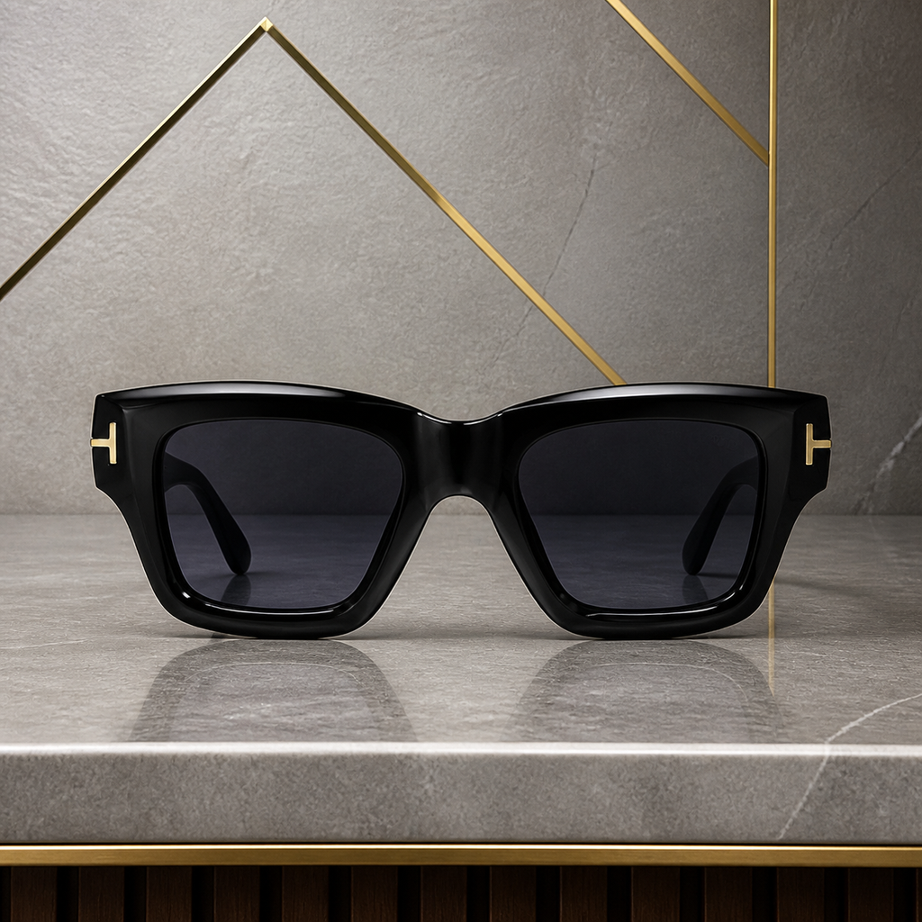 Tom Ford unisex angular square eyewear in Glossy Black / Smoke Lens, front view