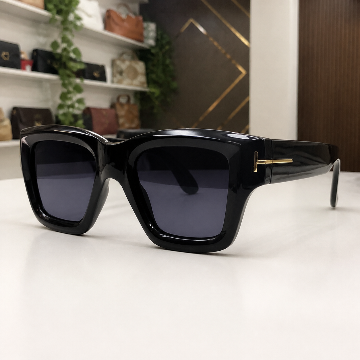 Tom Ford unisex angular square eyewear in Glossy Black / Smoke Lens, detail view