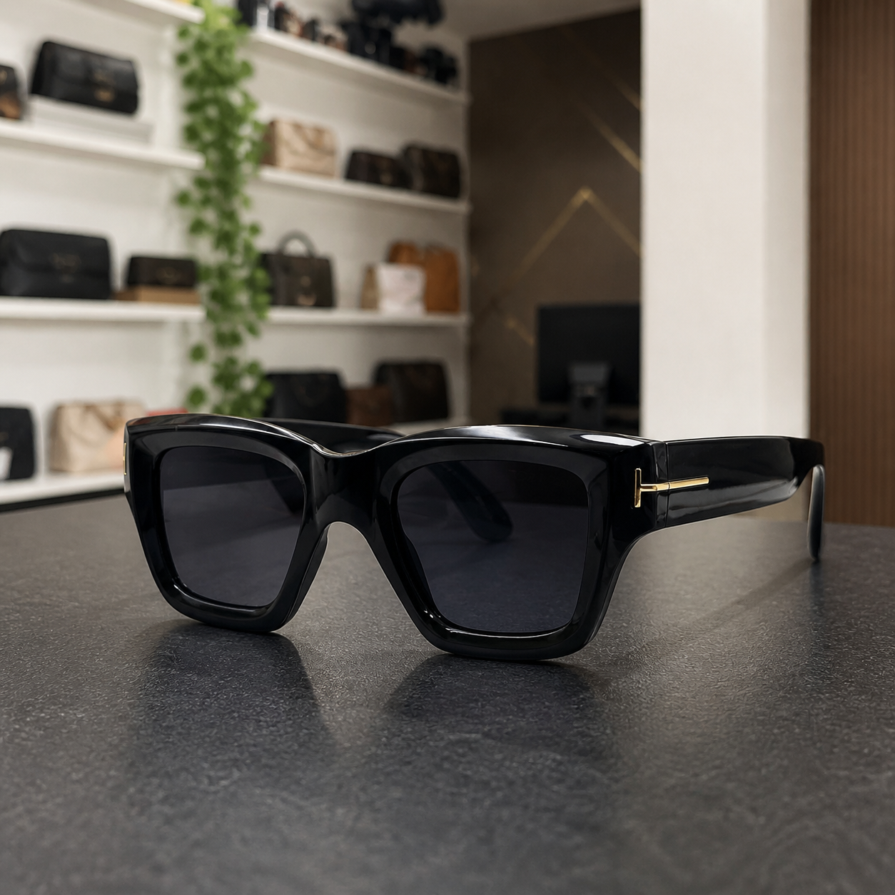 Tom Ford unisex angular square eyewear in Glossy Black / Smoke Lens, office lifestyle view