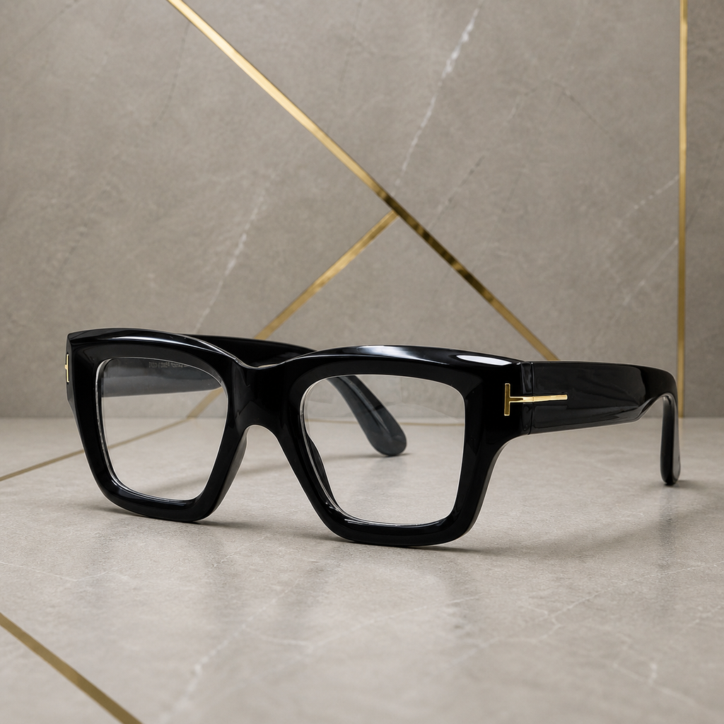 Tom Ford unisex angular square eyewear in Glossy Black / Clear Lens, hero three-quarter view