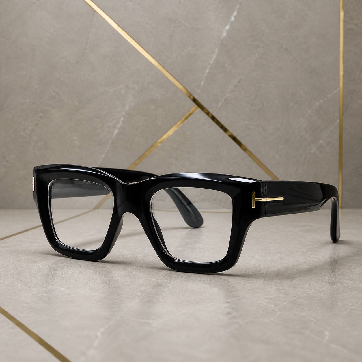 Tom Ford unisex angular square eyewear in Glossy Black / Clear Lens, hero three-quarter view