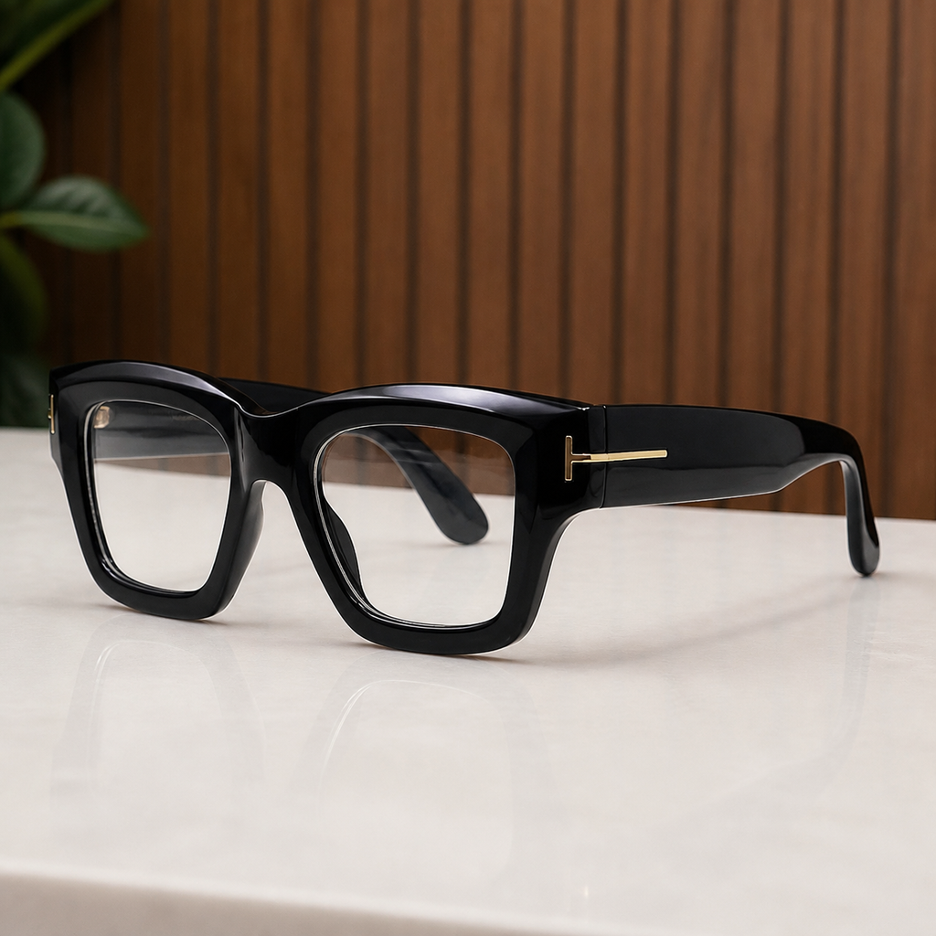 Tom Ford unisex angular square eyewear in Glossy Black / Clear Lens, alternate angle view