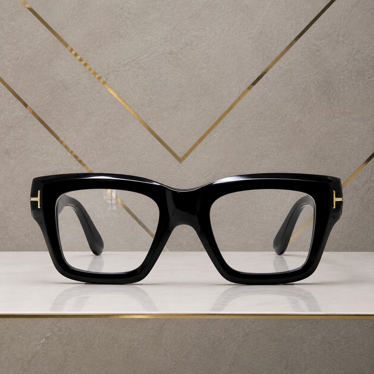 Tom Ford unisex angular square eyewear in Glossy Black / Clear Lens, front view