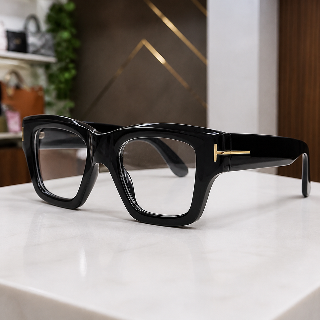 Tom Ford unisex angular square eyewear in Glossy Black / Clear Lens, detail view