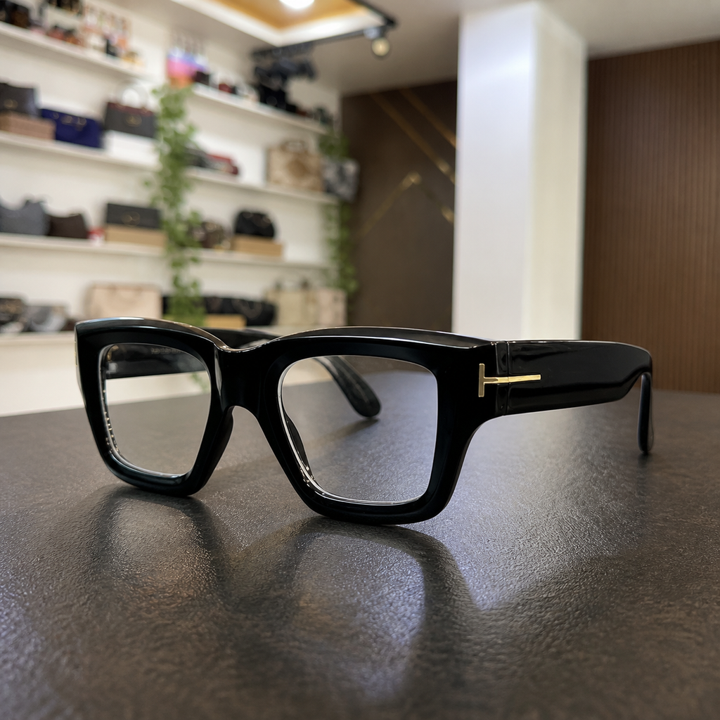 Tom Ford unisex angular square eyewear in Glossy Black / Clear Lens, office lifestyle view