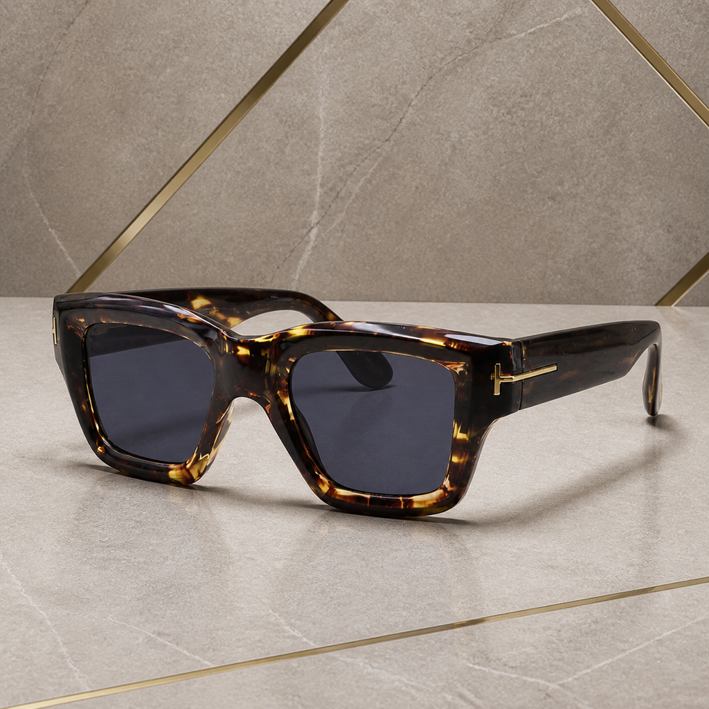 Tom Ford unisex angular square eyewear in Dark Tortoiseshell / Smoke Lens, hero three-quarter view