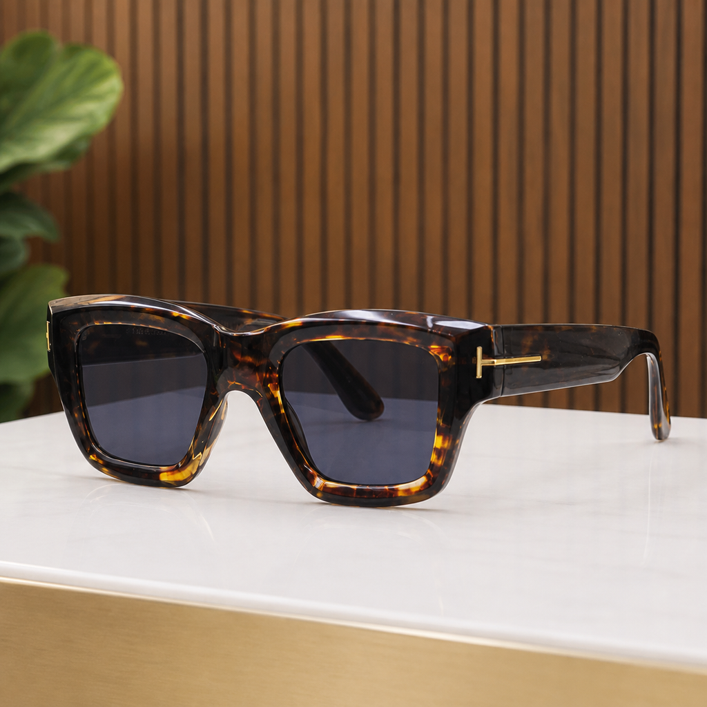 Tom Ford unisex angular square eyewear in Dark Tortoiseshell / Smoke Lens, alternate angle view