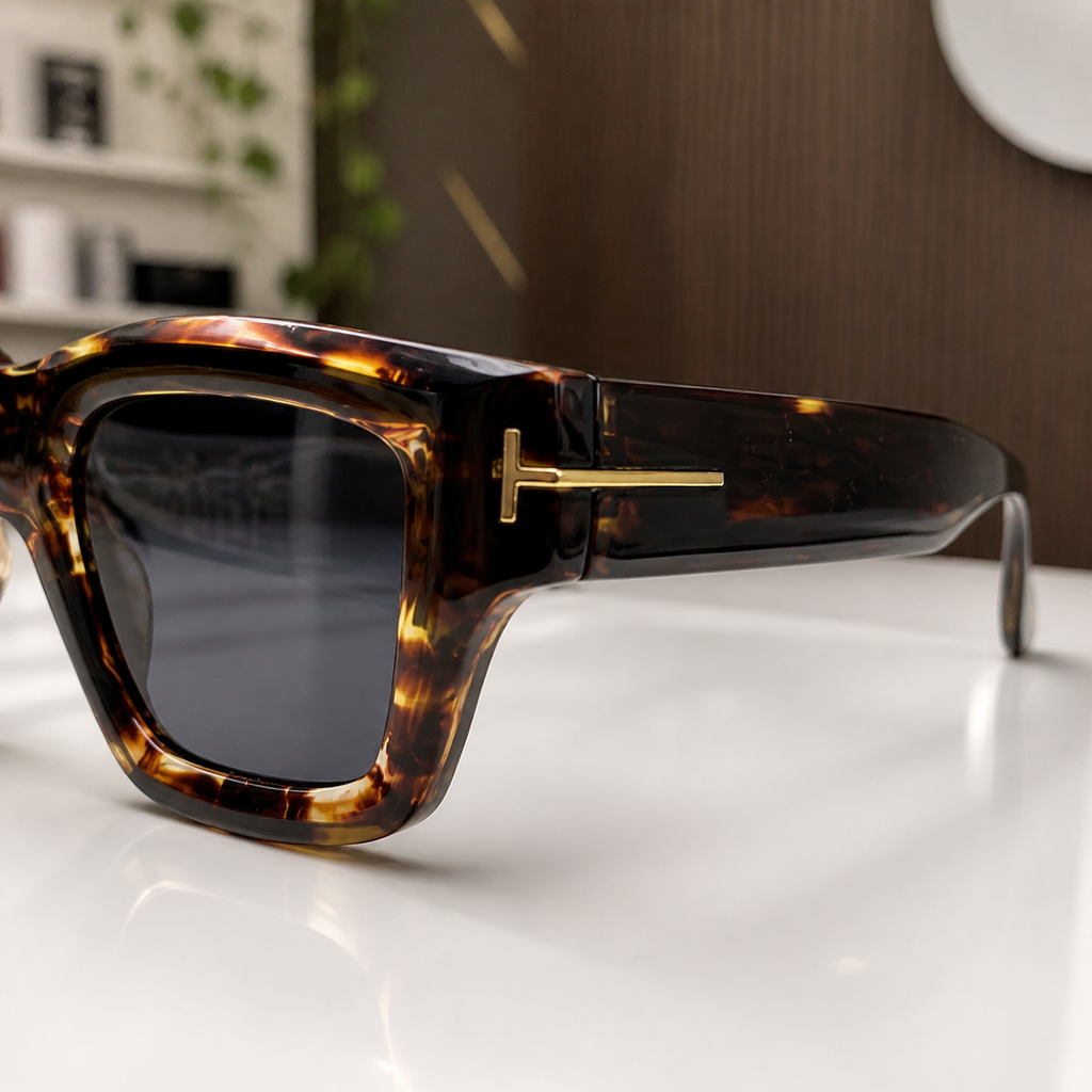 Tom Ford unisex angular square eyewear in Dark Tortoiseshell / Smoke Lens, detail view
