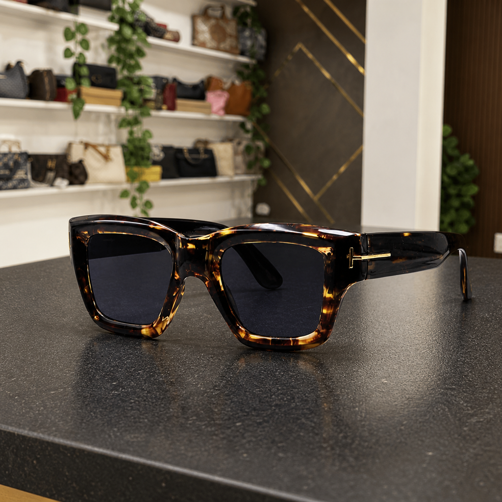 Tom Ford unisex angular square eyewear in Dark Tortoiseshell / Smoke Lens, office lifestyle view