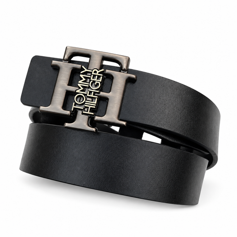 Tommy Hilfiger Black TH Buckle Belt on white background