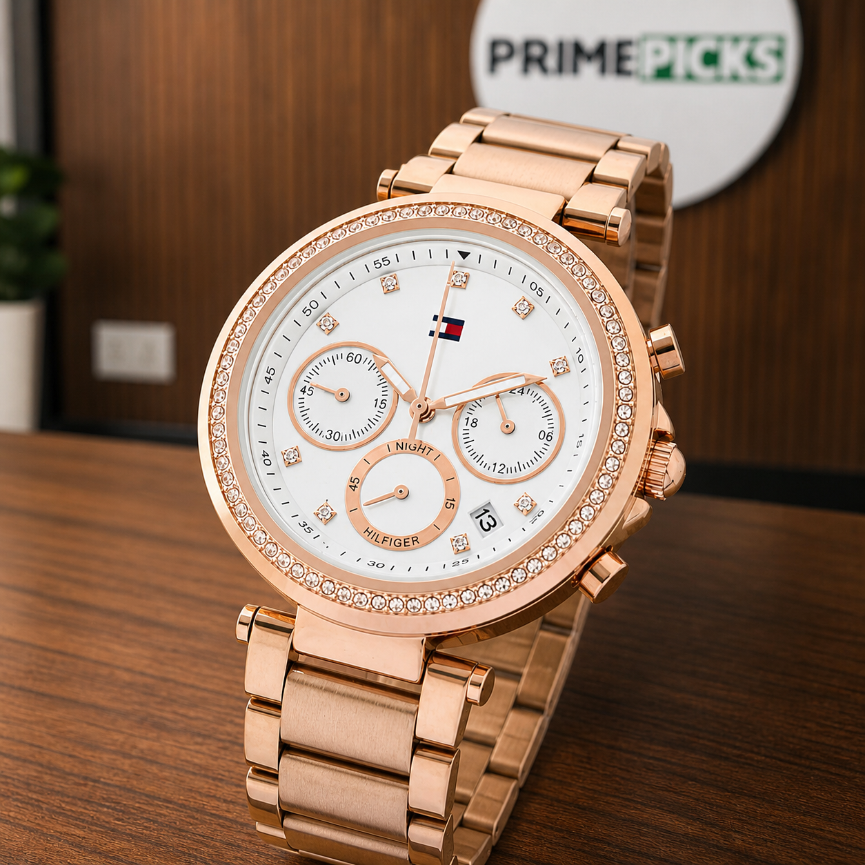 Tommy Hilfiger TH1782705 white dial and crystal bezel close-up