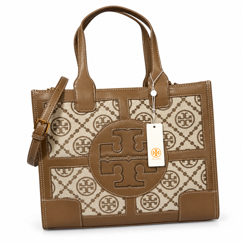 Tory Burch Ella canvas tote in brown and beige on a white background
