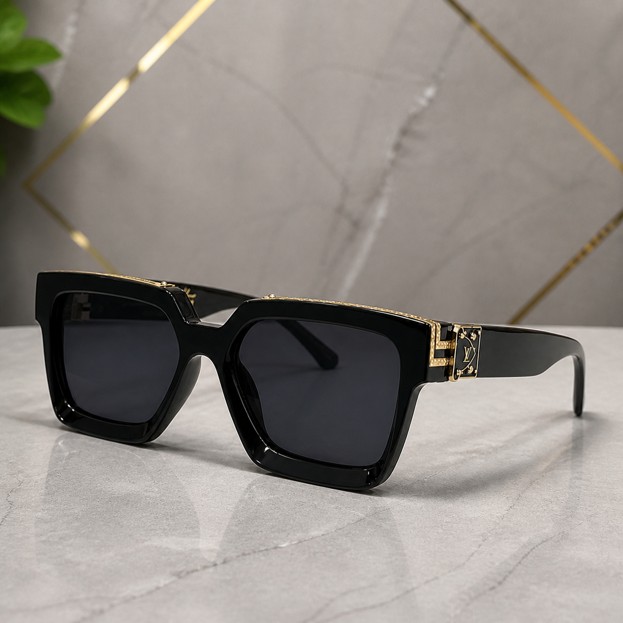 Louis Vuitton black angular square sunglasses with gold-tone accents and charcoal lenses, alternate three-quarter view