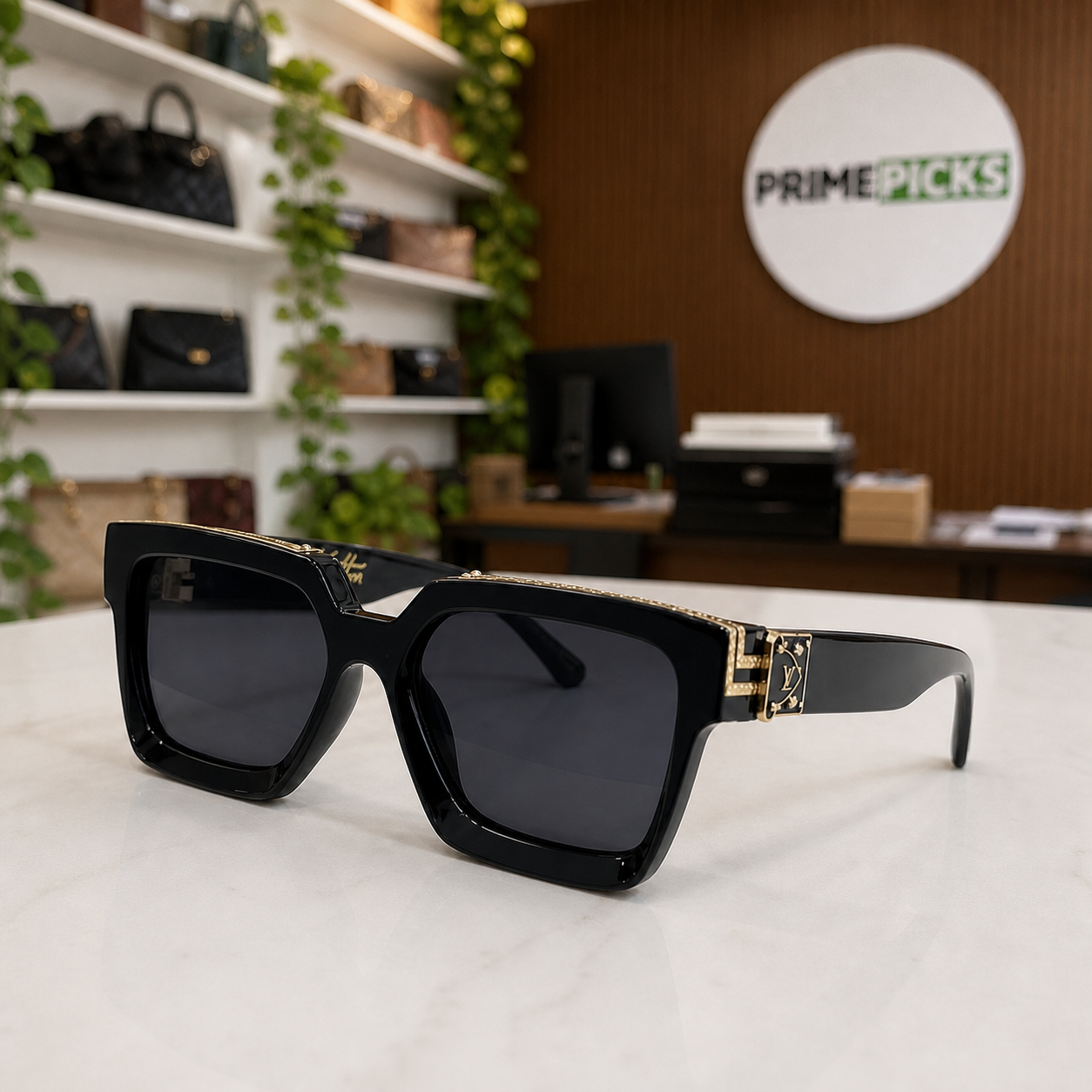 Louis Vuitton black angular square sunglasses with gold-tone accents and charcoal lenses, PrimePicks office lifestyle view