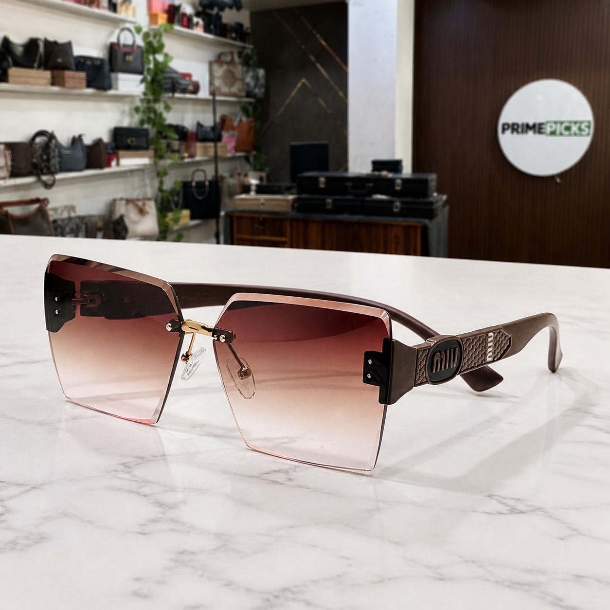 Miu Miu brown-temple oversized rimless square sunglasses with bronze-tone medallions and brown-to-rose gradient lenses, front three-quarter hero view