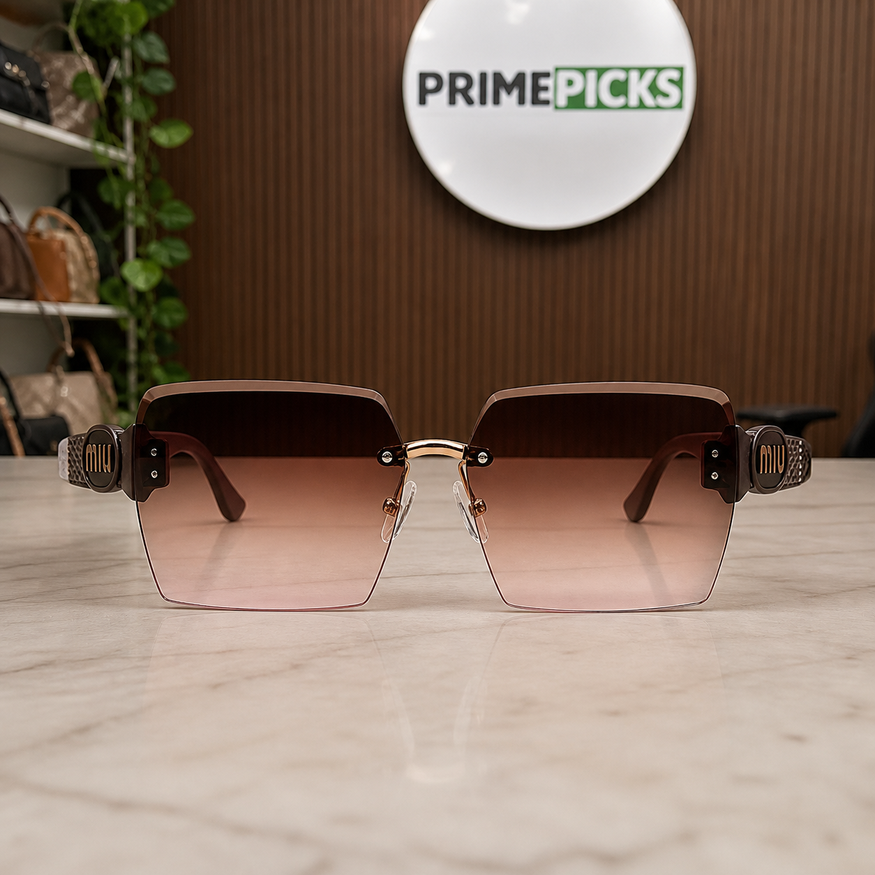 Miu Miu brown-temple oversized rimless square sunglasses with bronze-tone medallions and brown-to-rose gradient lenses, elevated front view