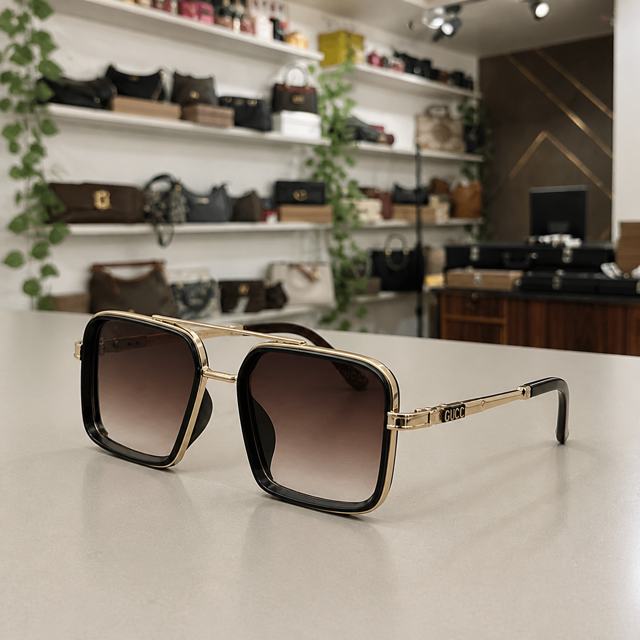 Gucci gold-and-black square double-bridge sunglasses with brown gradient lenses, PrimePicks office lifestyle view
