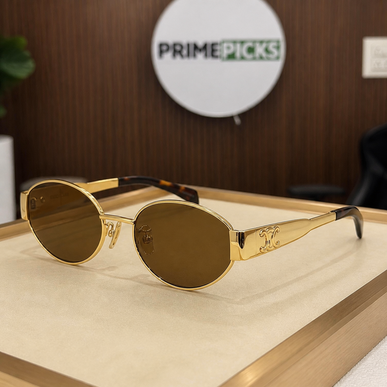 Celine gold-tone oval sunglasses with brown lenses, three-quarter left view