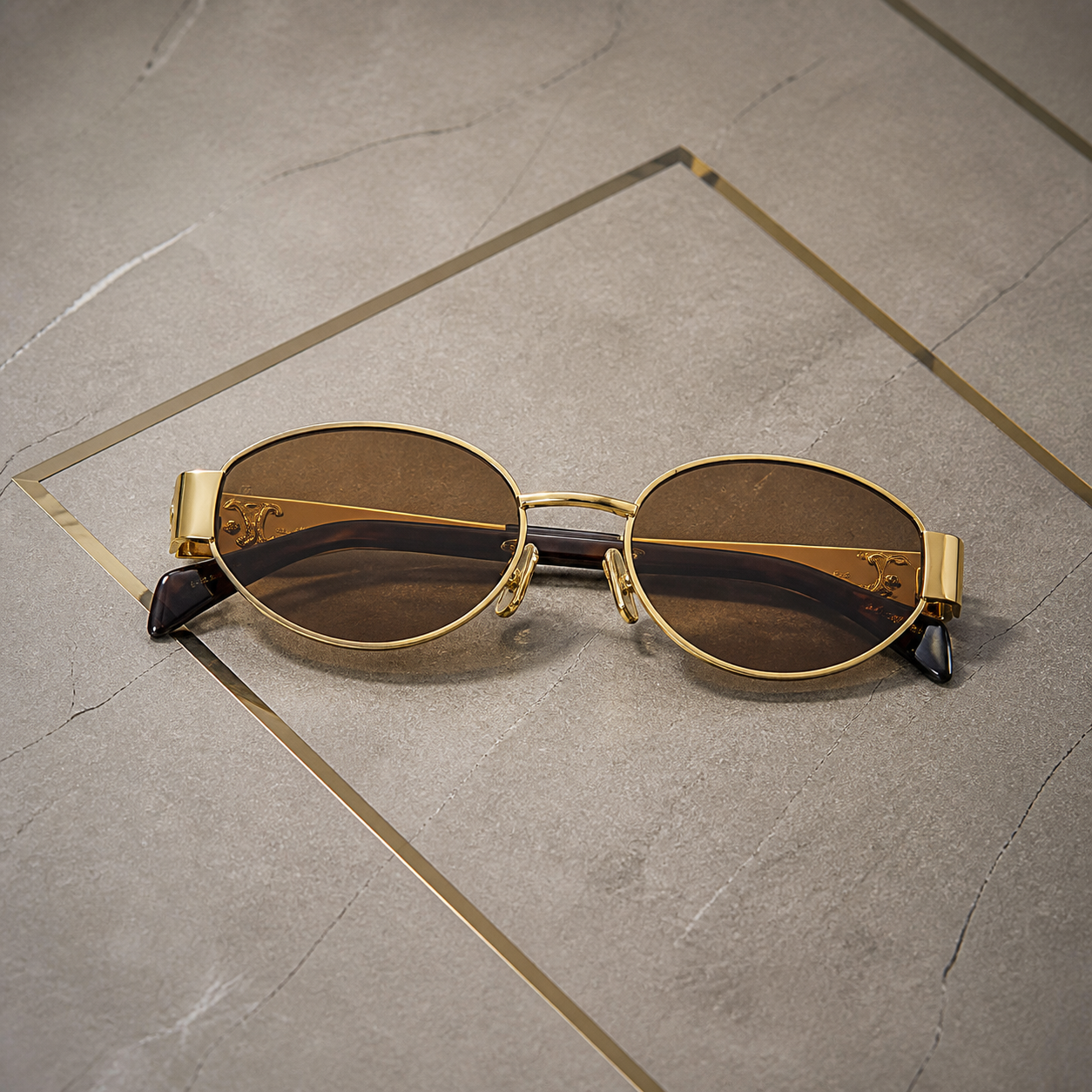 Celine gold-tone oval sunglasses with brown lenses, folded overhead view