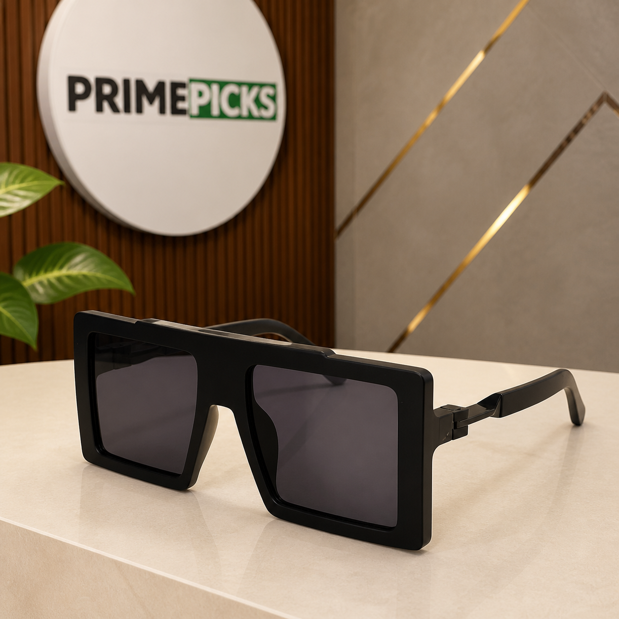 Marc Jacobs matte black oversized flat-top rectangular sunglasses with dark smoke lenses, front three-quarter hero view