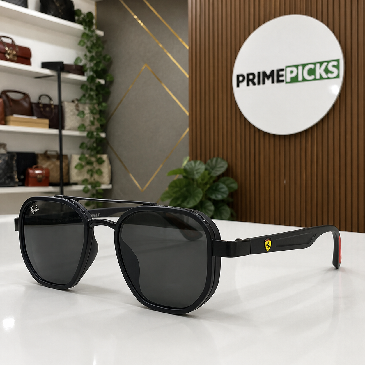 Ray-Ban Ferrari matte black and dark smoke square aviator sunglasses - temple detail