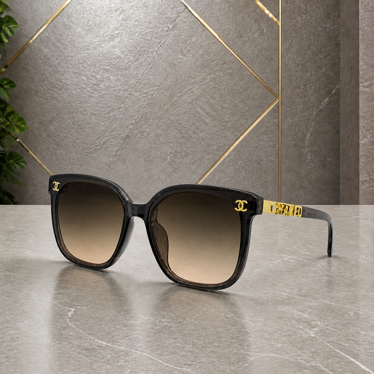 Chanel smoke-grey butterfly sunglasses with brown gradient lenses, elevated front view